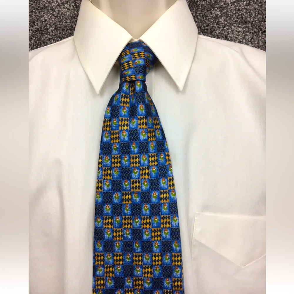 Ermenegildo Zegna Neck Tie Blue Navy Gold With Tiny Orange Flowers 100% Silk